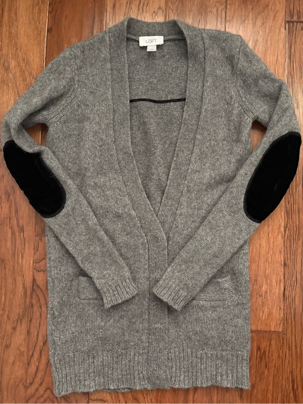 LOFT Gray Long Open-Front Cardigan with Black Elbow Patches Size XS